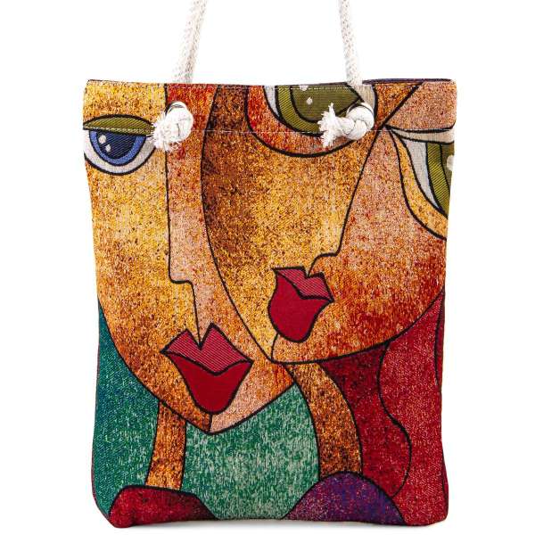 Vintage Tapestry Tote Bag Art Face Pattern
