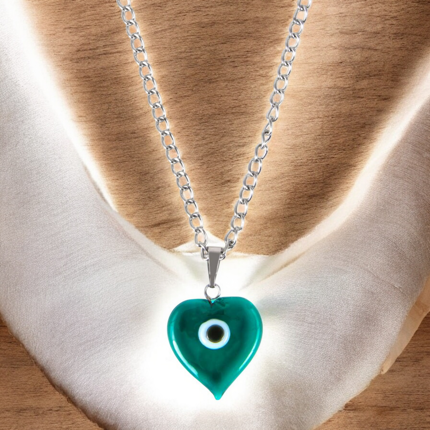 Glass Heart Evil Eye Pendant Necklace Green