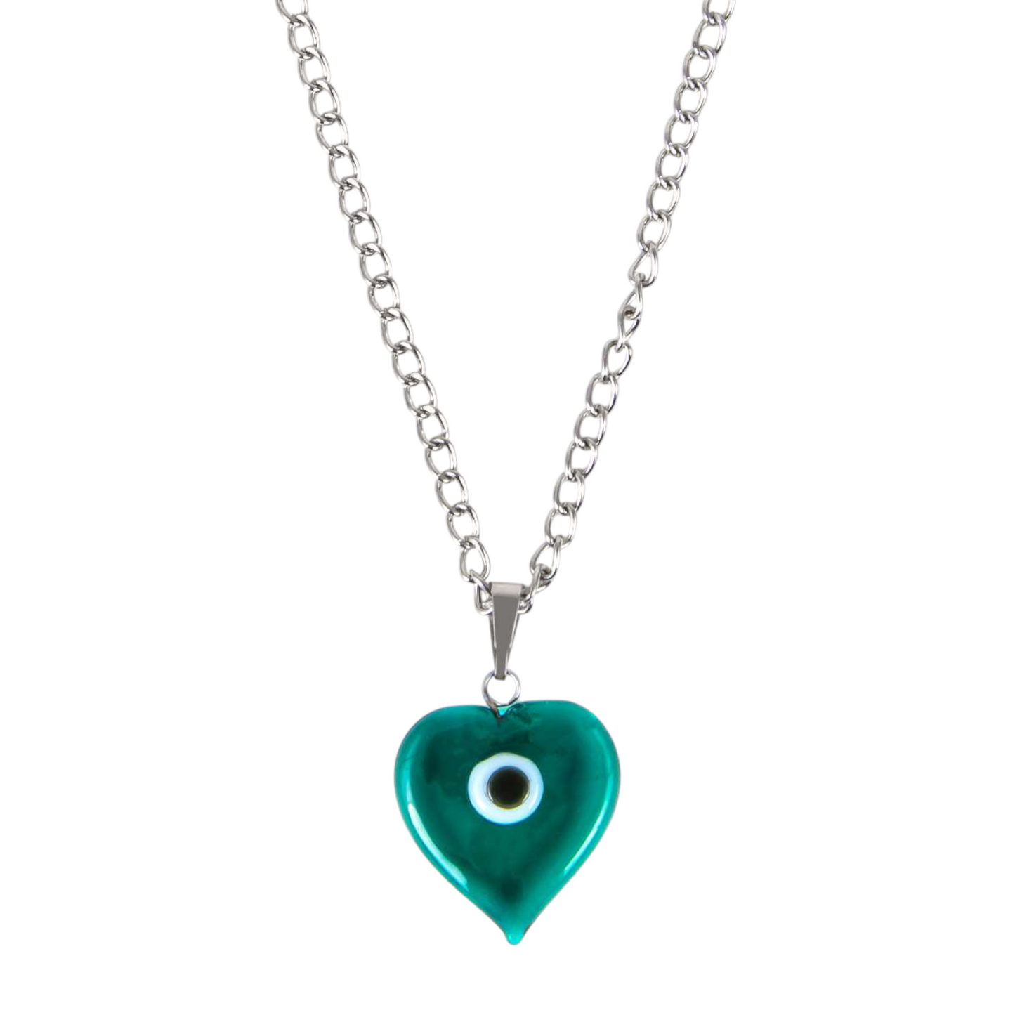 Glass Heart Evil Eye Pendant Necklace Green