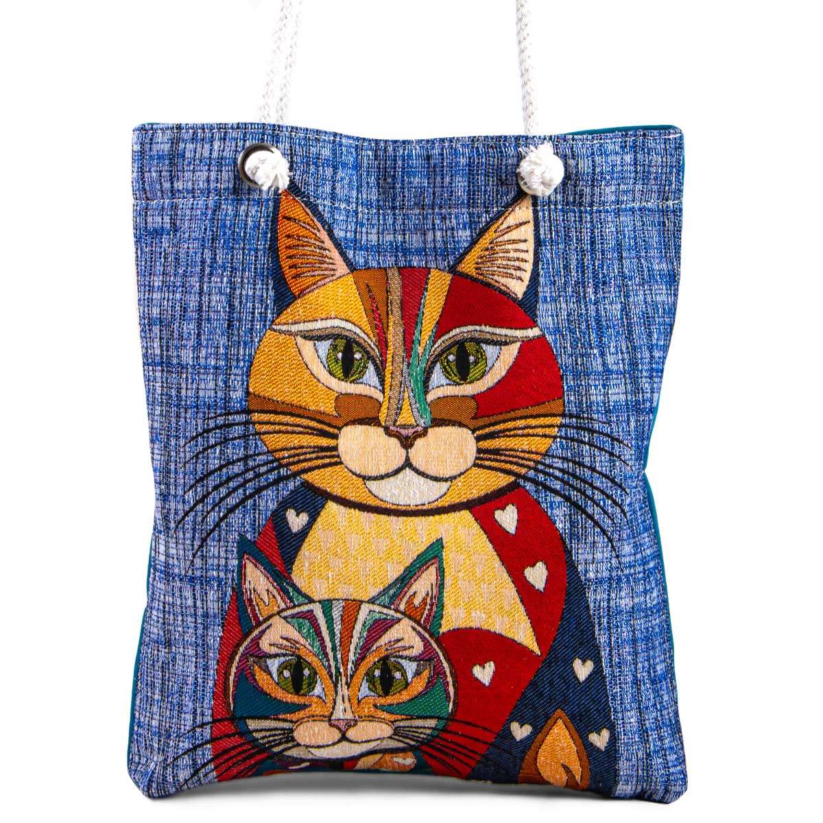Vintage Blue Tapestry Tote Bag Cat Pattern