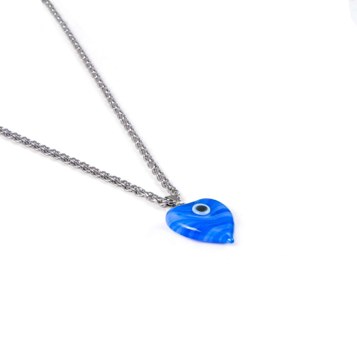 Glass Heart Evil Eye Pendant Necklace Blue