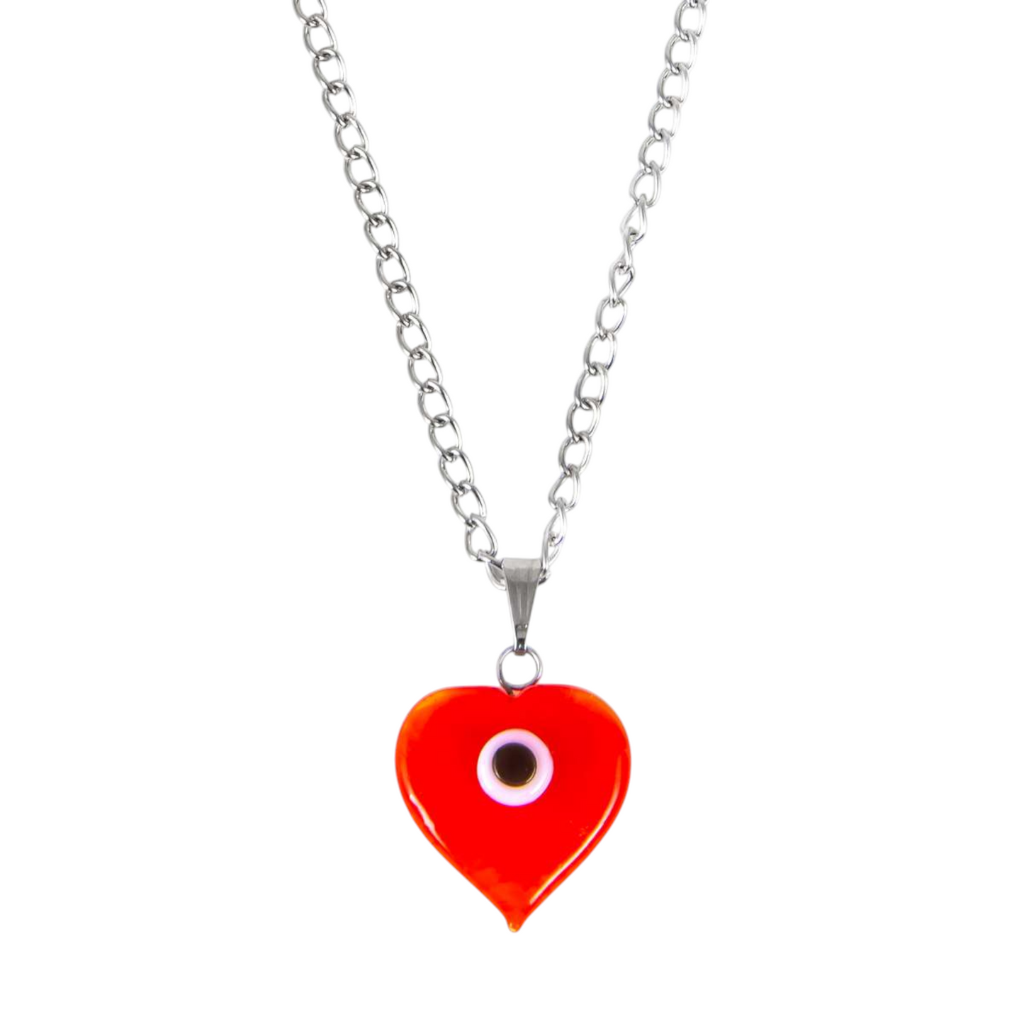 Glass Heart Evil Eye Pendant Necklace Orange