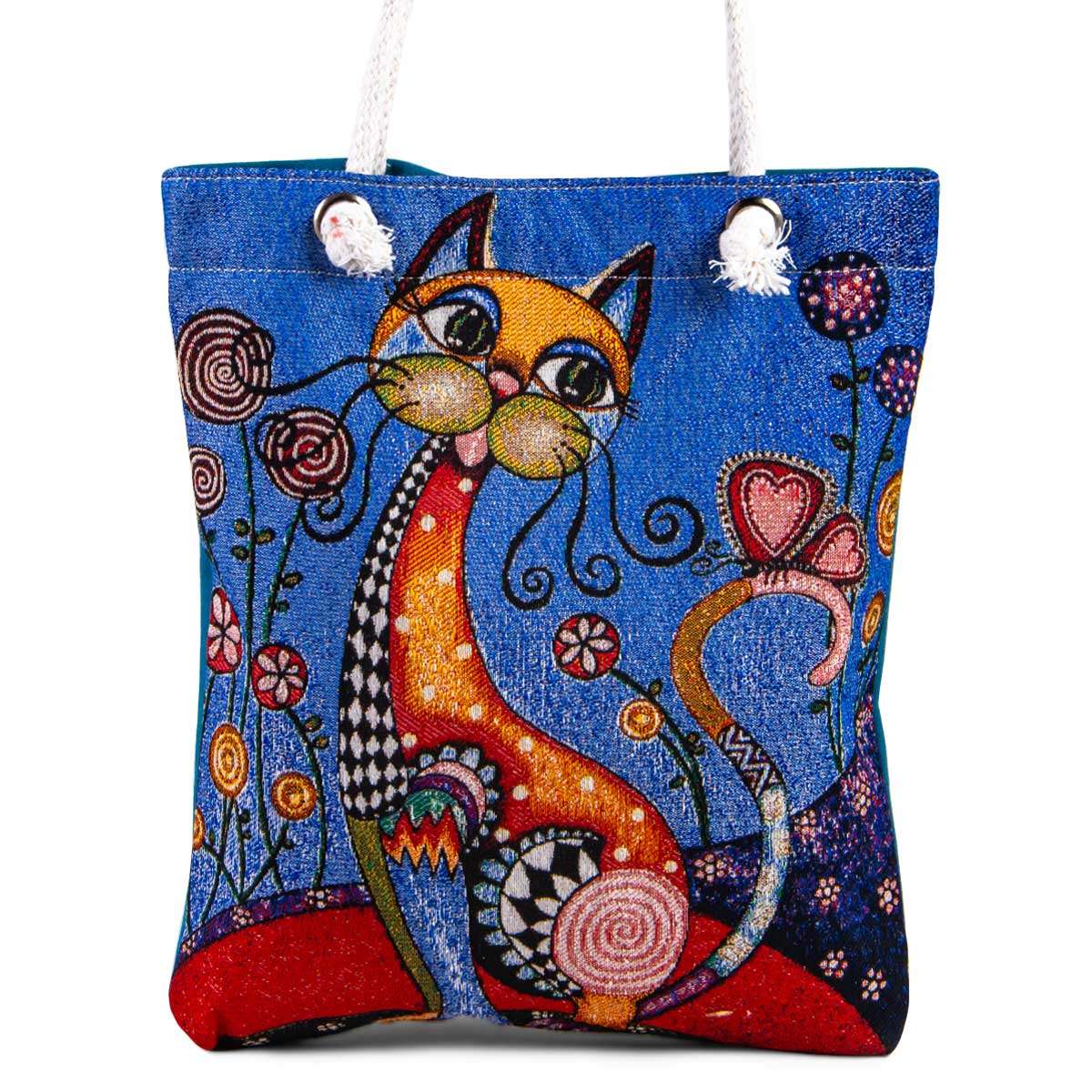 Vintage Blue Tapestry Tote Bag Cat Pattern