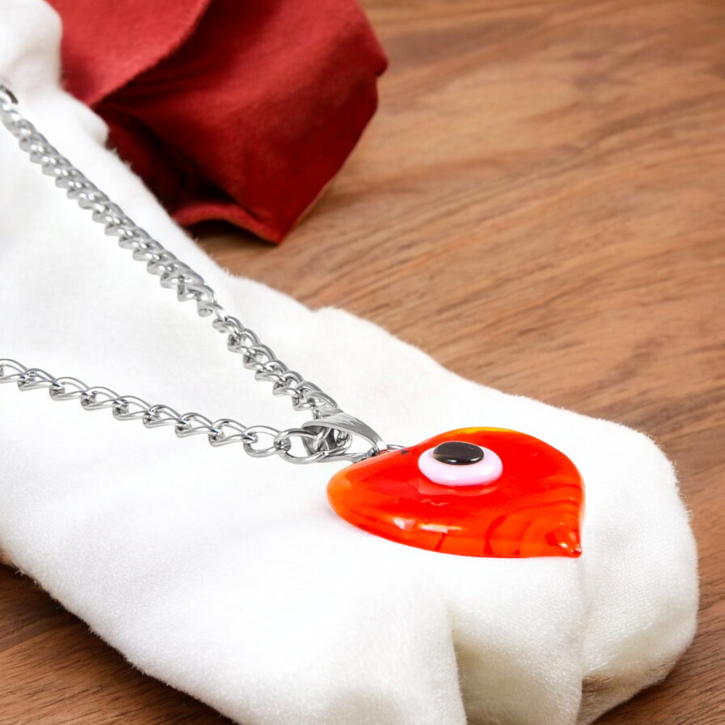 Glass Heart Evil Eye Pendant Necklace Orange