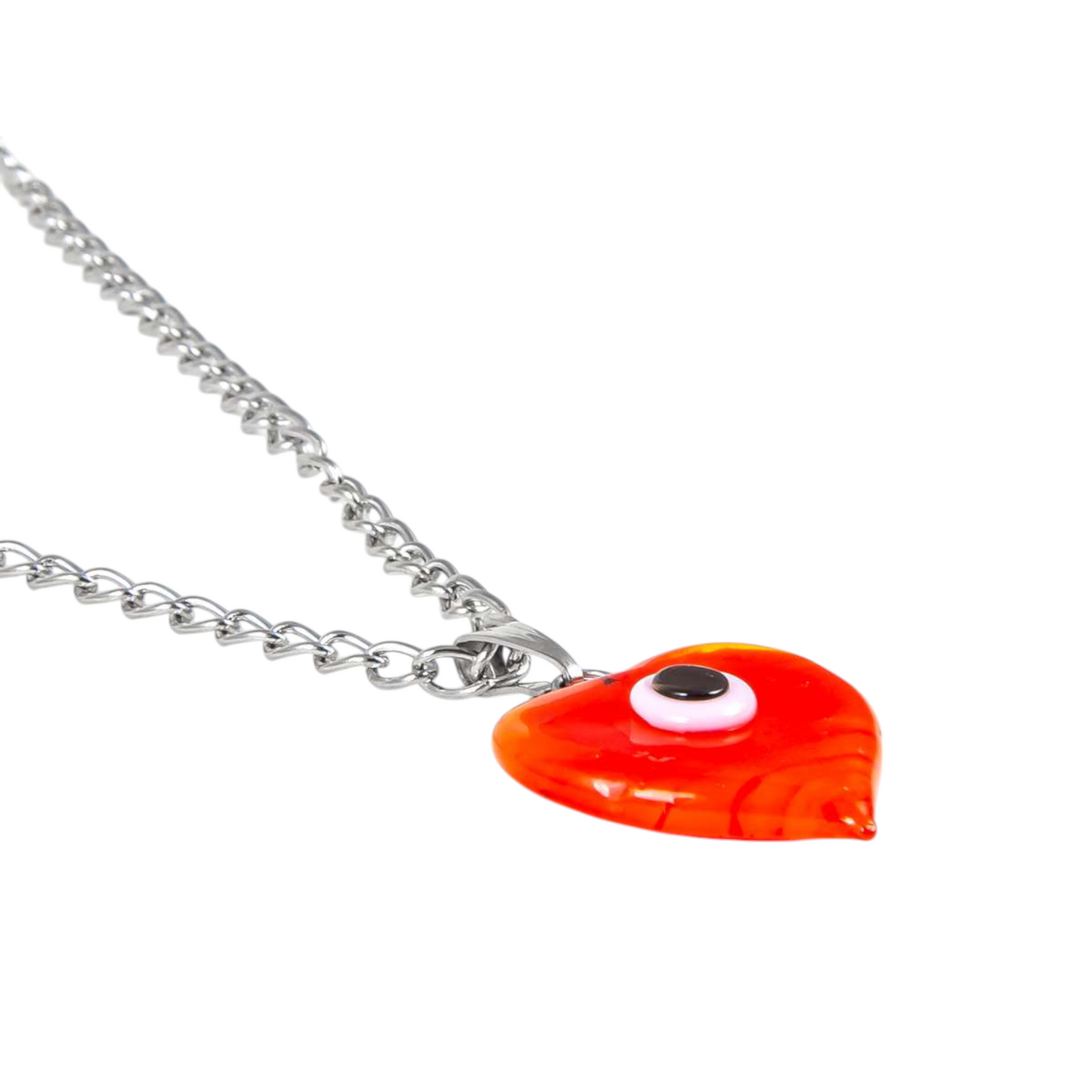 Glass Heart Evil Eye Pendant Necklace Orange