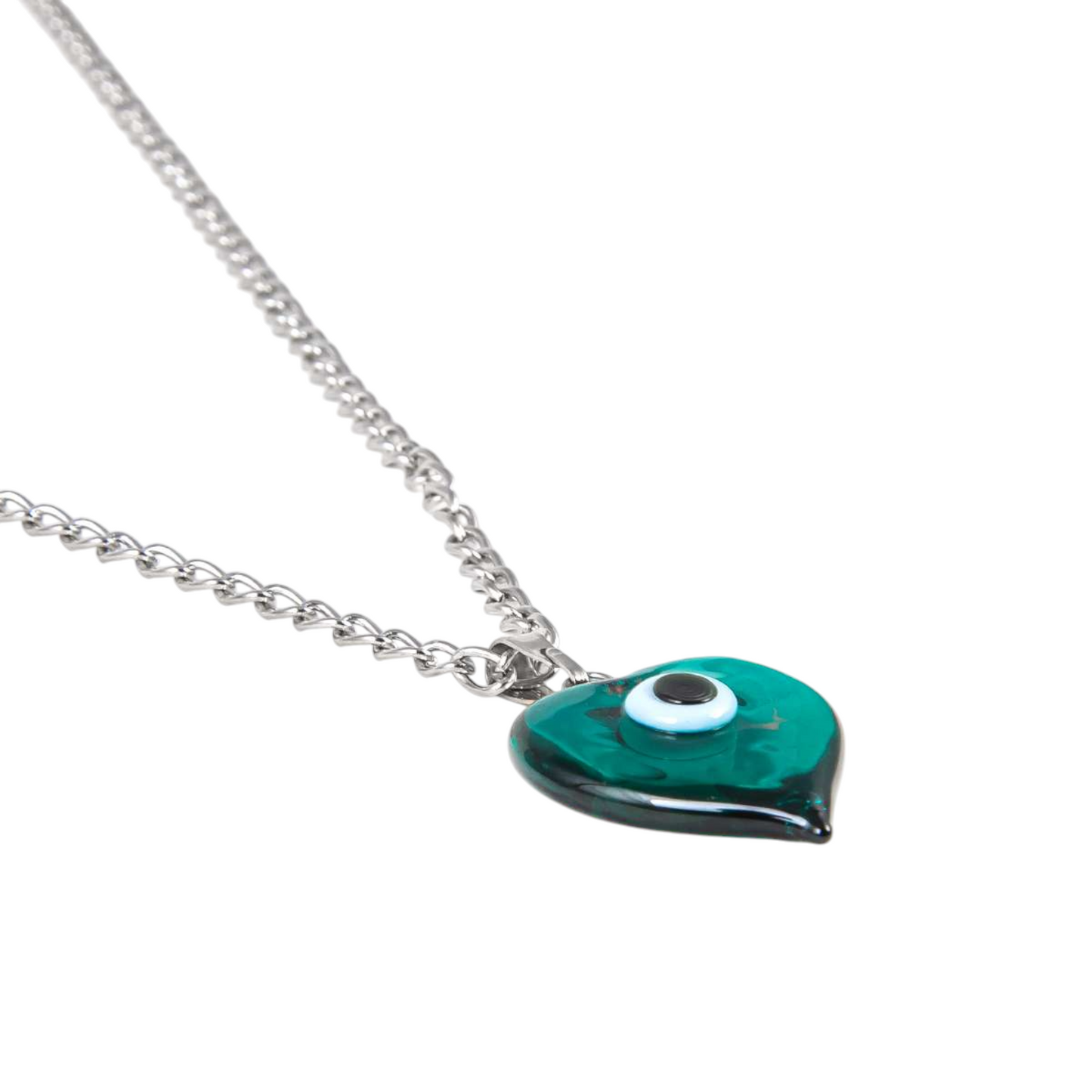 Glass Heart Evil Eye Pendant Necklace Green