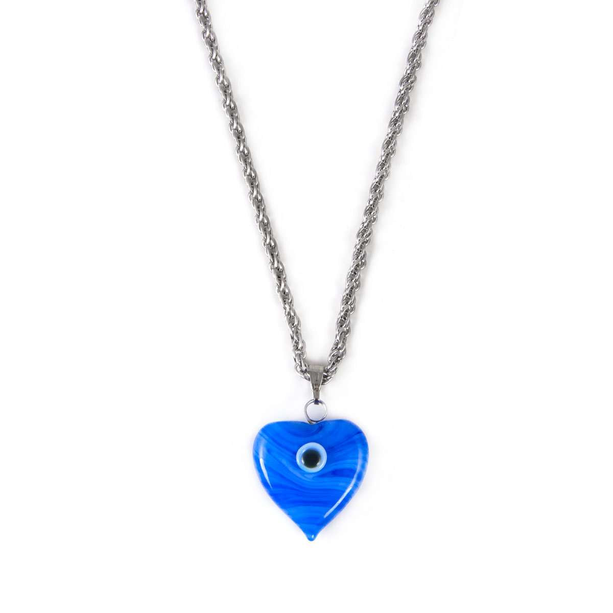 Glass Heart Evil Eye Pendant Necklace Blue