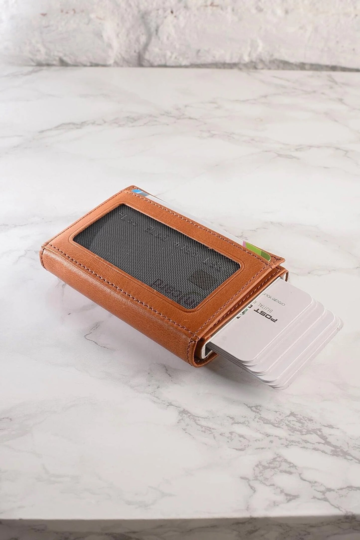 Leather Quick Card Access Trifold Wallet Tan