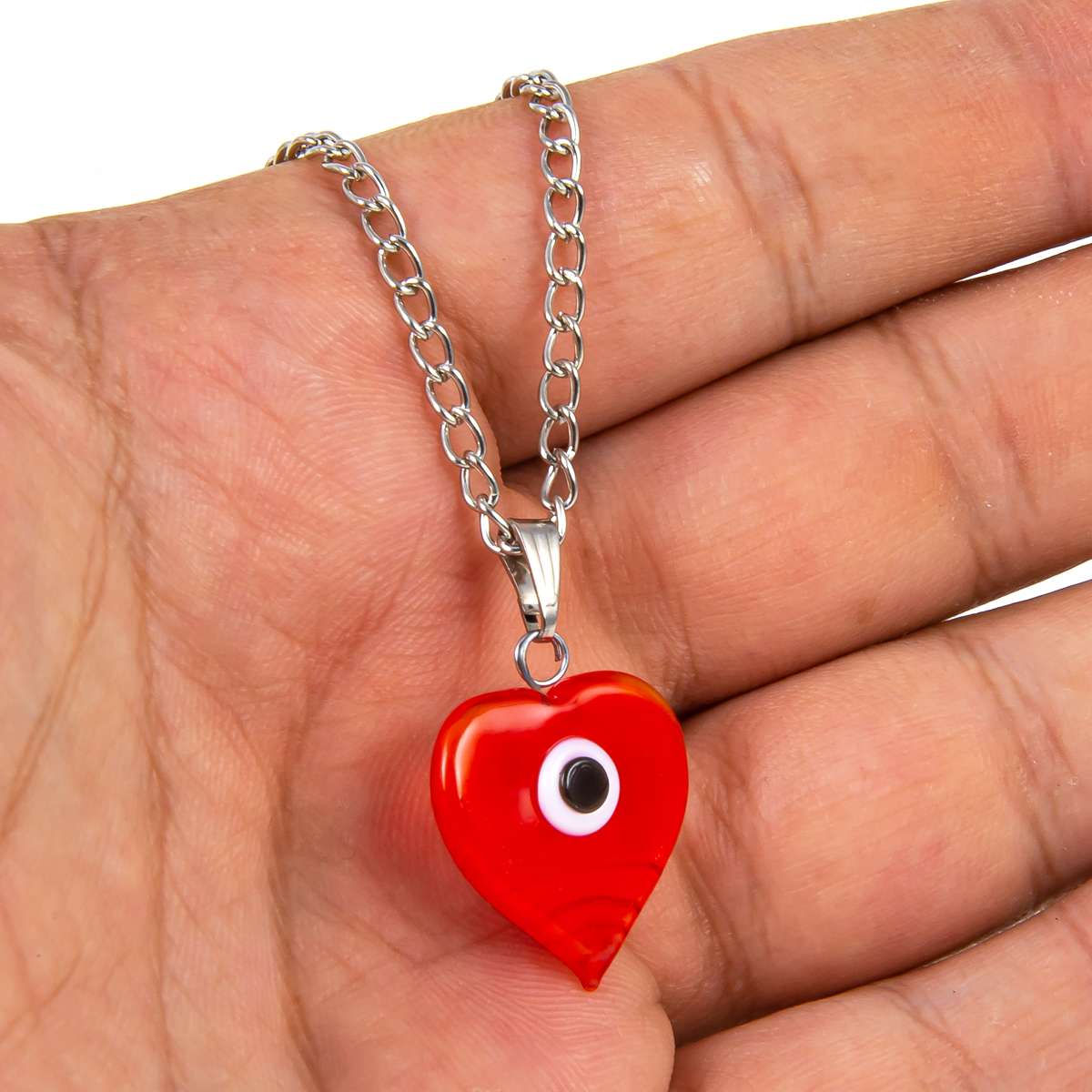 Glass Heart Evil Eye Pendant Necklace Red
