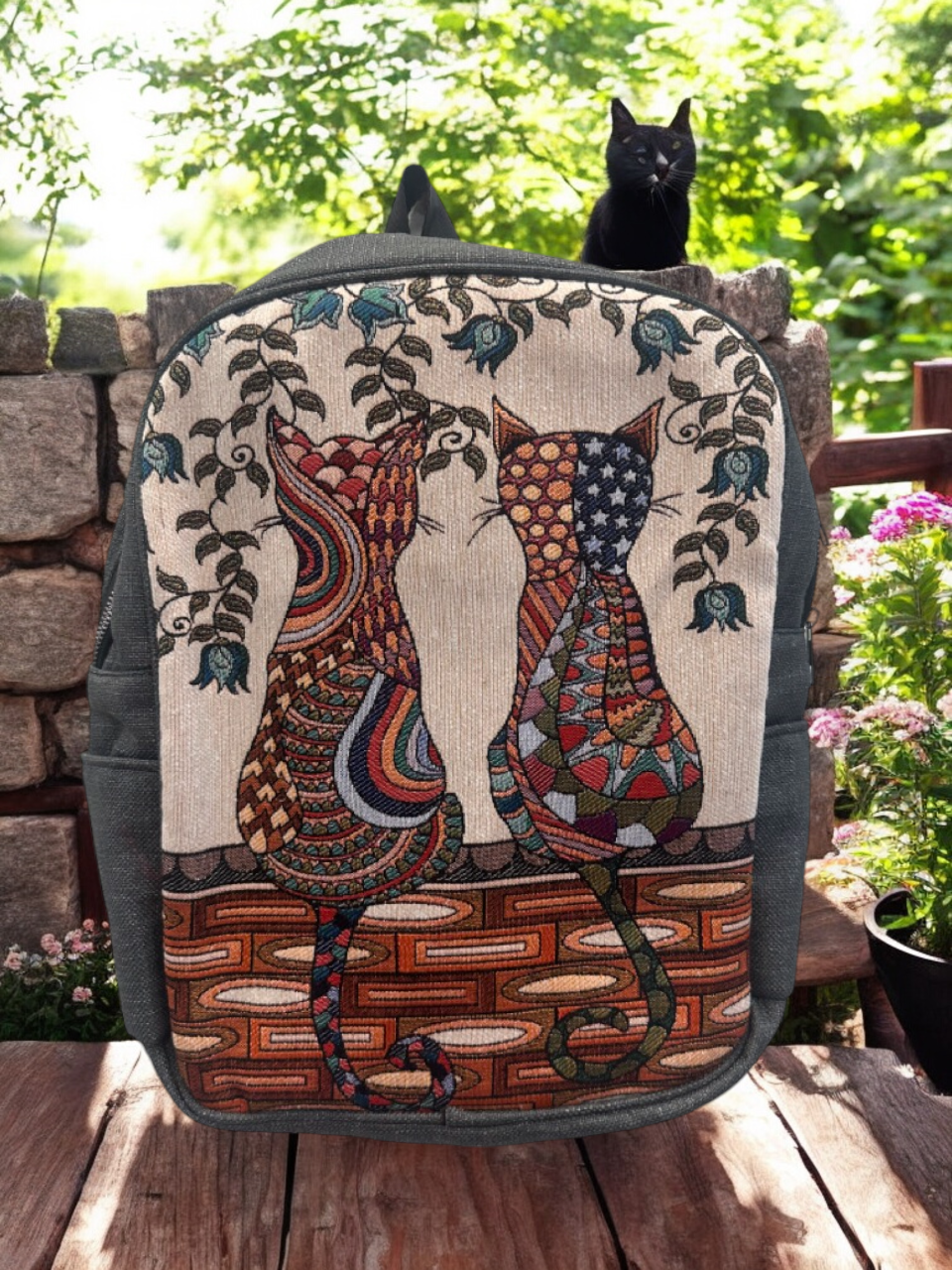 Vintage Tapestry Backpack Cat Pattern