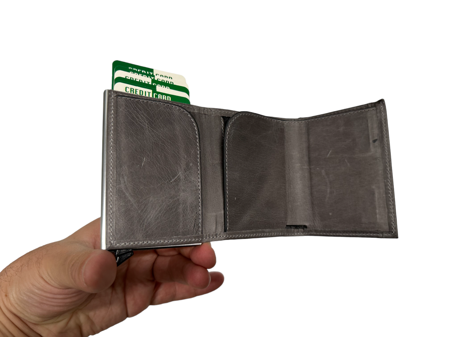 Leather Quick Card Access Trifold Wallet Gray