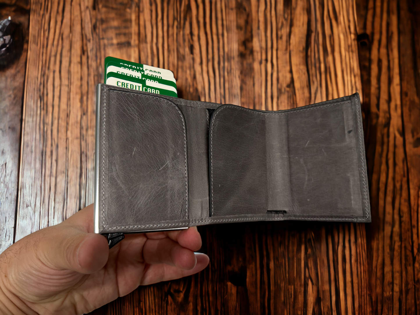 Leather Quick Card Access Trifold Wallet Gray