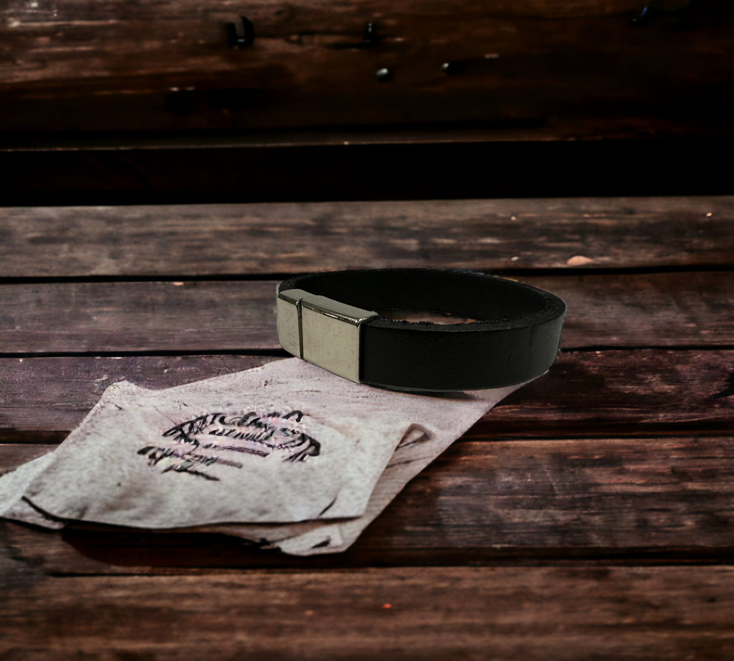 Leather Bracelet Plain Metal Black