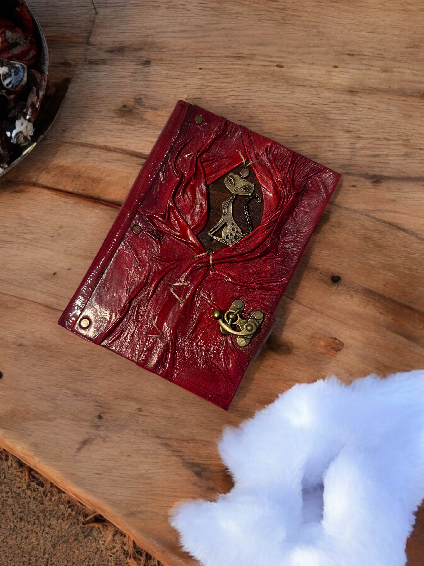 Handmade Leather Journal Belt Strap Cat Red