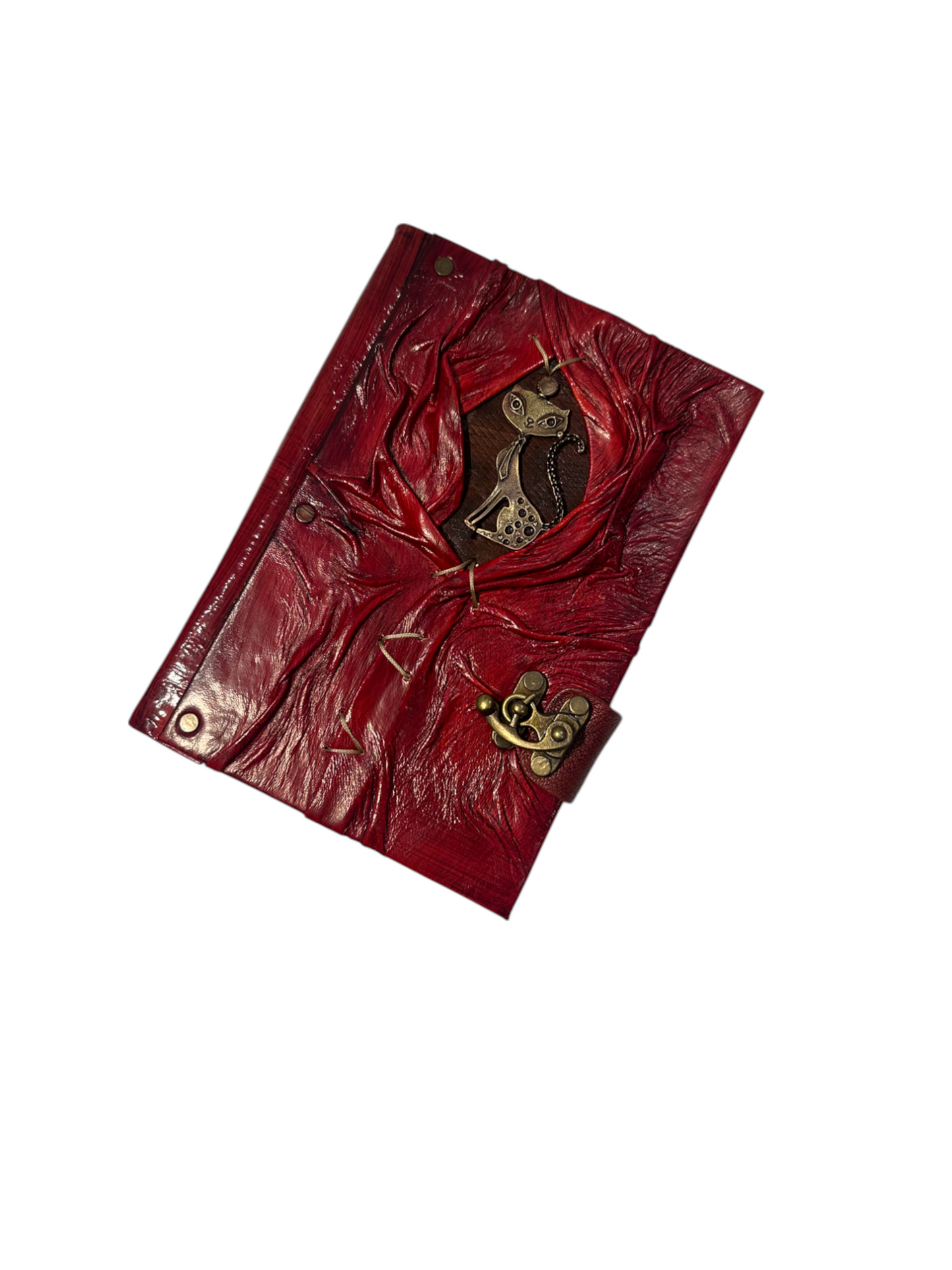 Handmade Leather Journal Belt Strap Cat Red