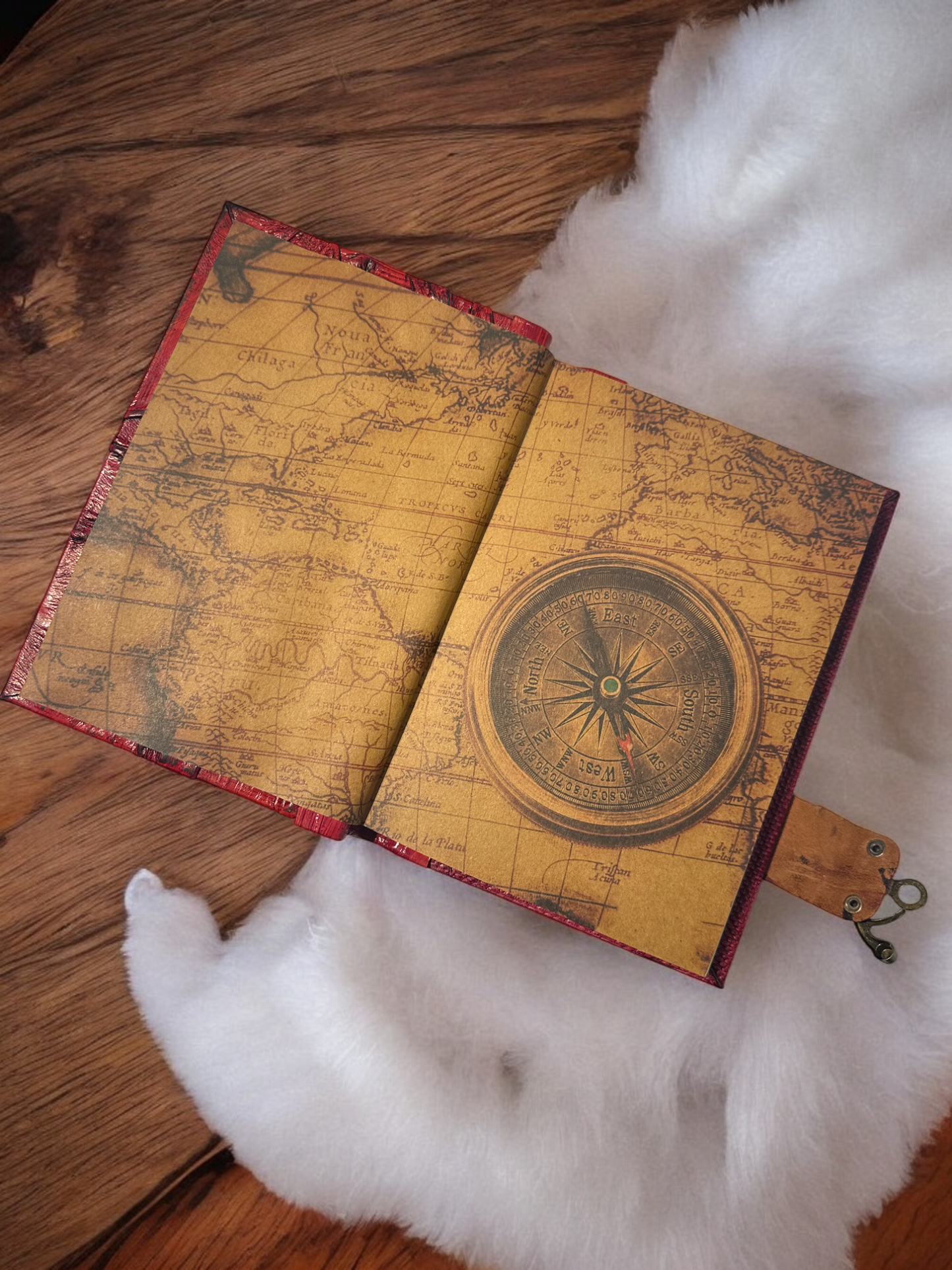 Handmade Leather Journal Belt Strap Cat Red