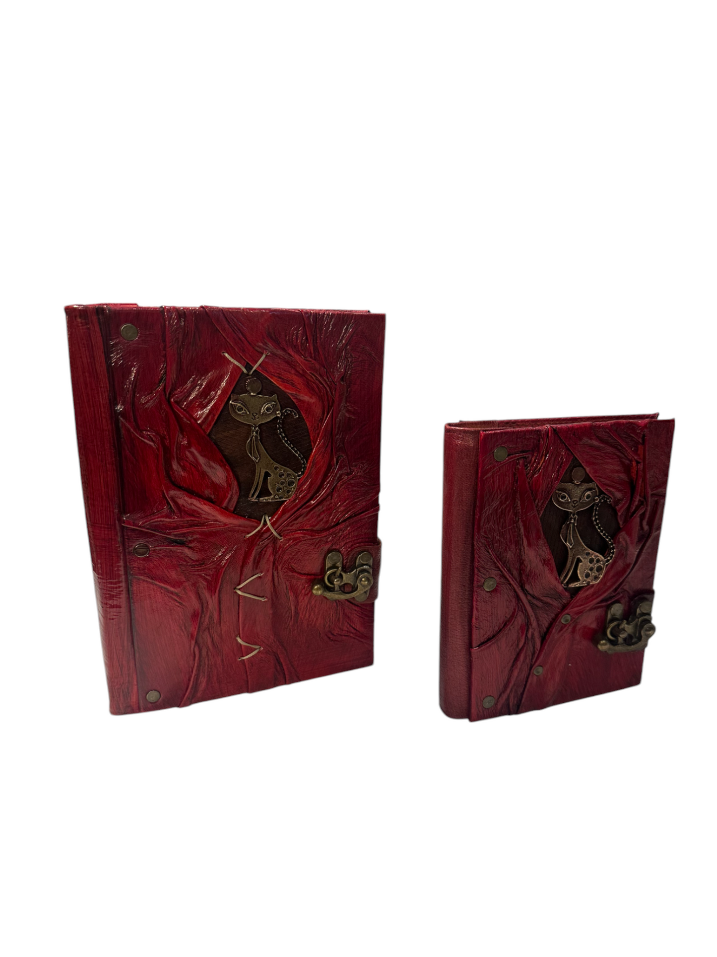 Handmade Leather Journal Belt Strap Cat Red