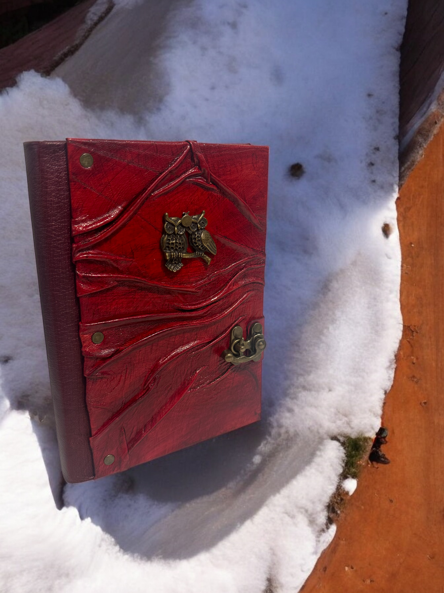 Handmade Leather Journal Owl Red