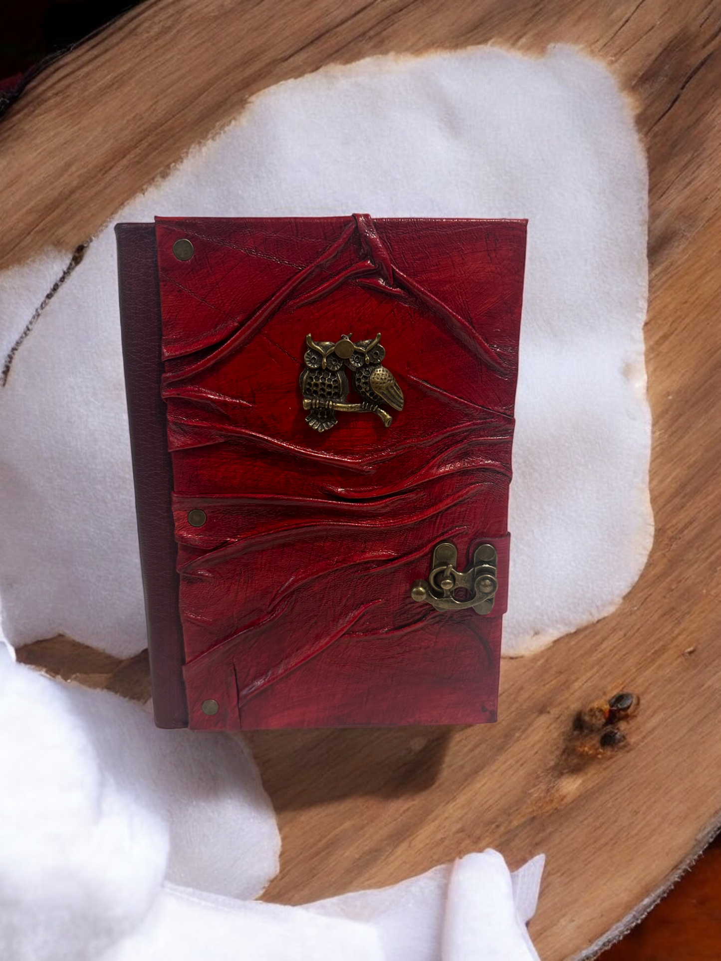 Handmade Leather Journal Owl Red
