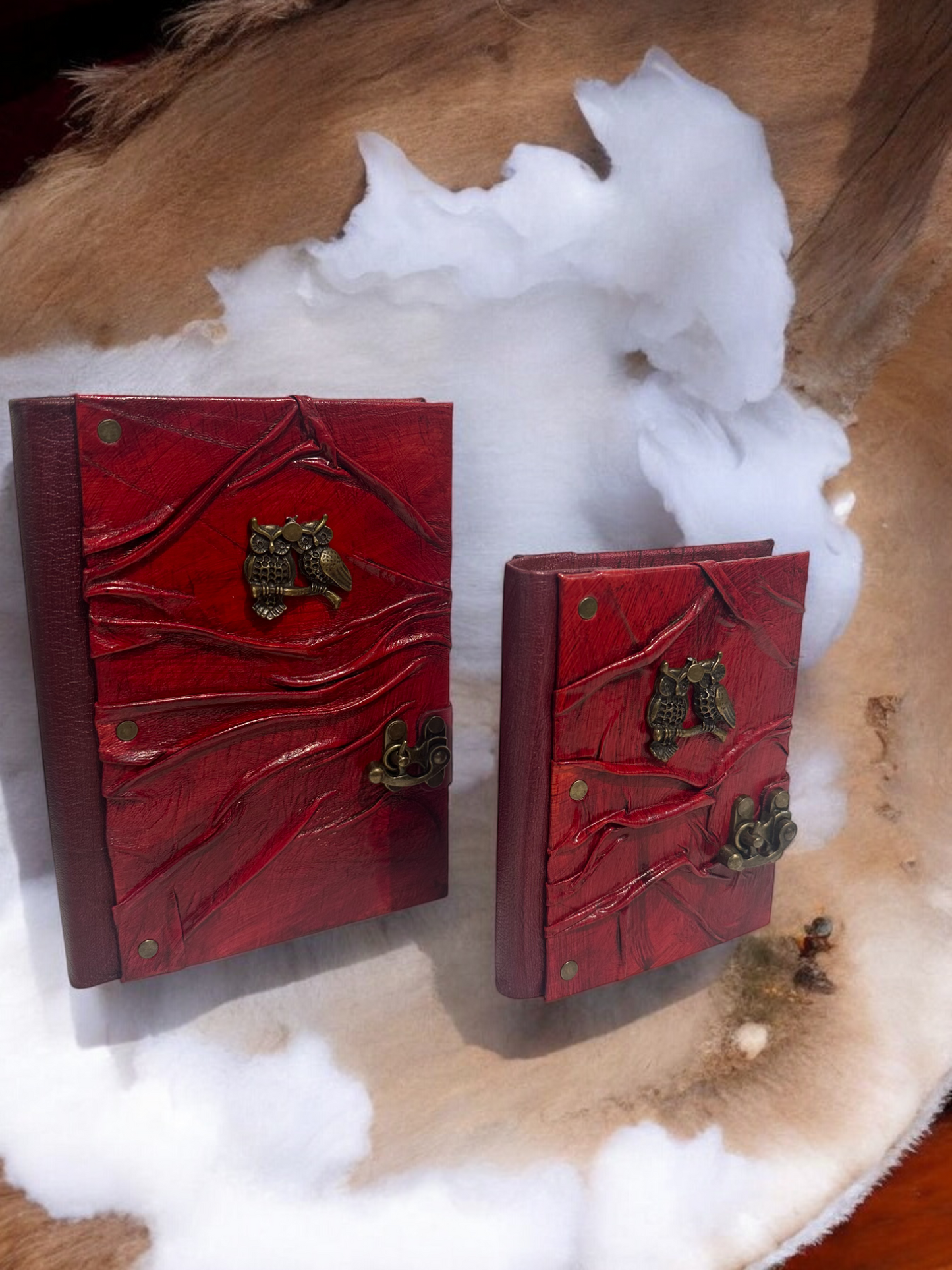 Handmade Leather Journal Owl Red