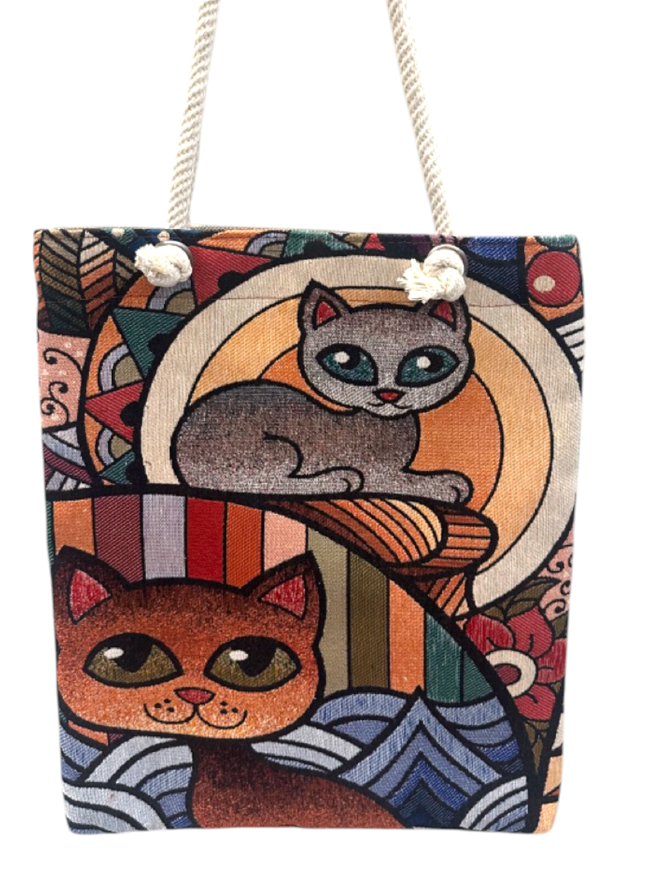 Vintage Tapestry Tote Bag Cat Pattern
