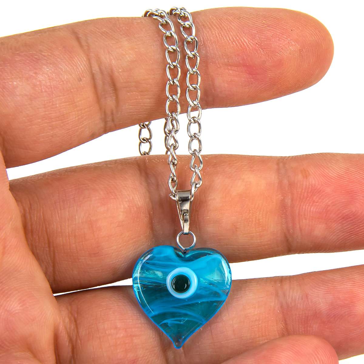Glass Heart Evil Eye Pendant Necklace Turquise