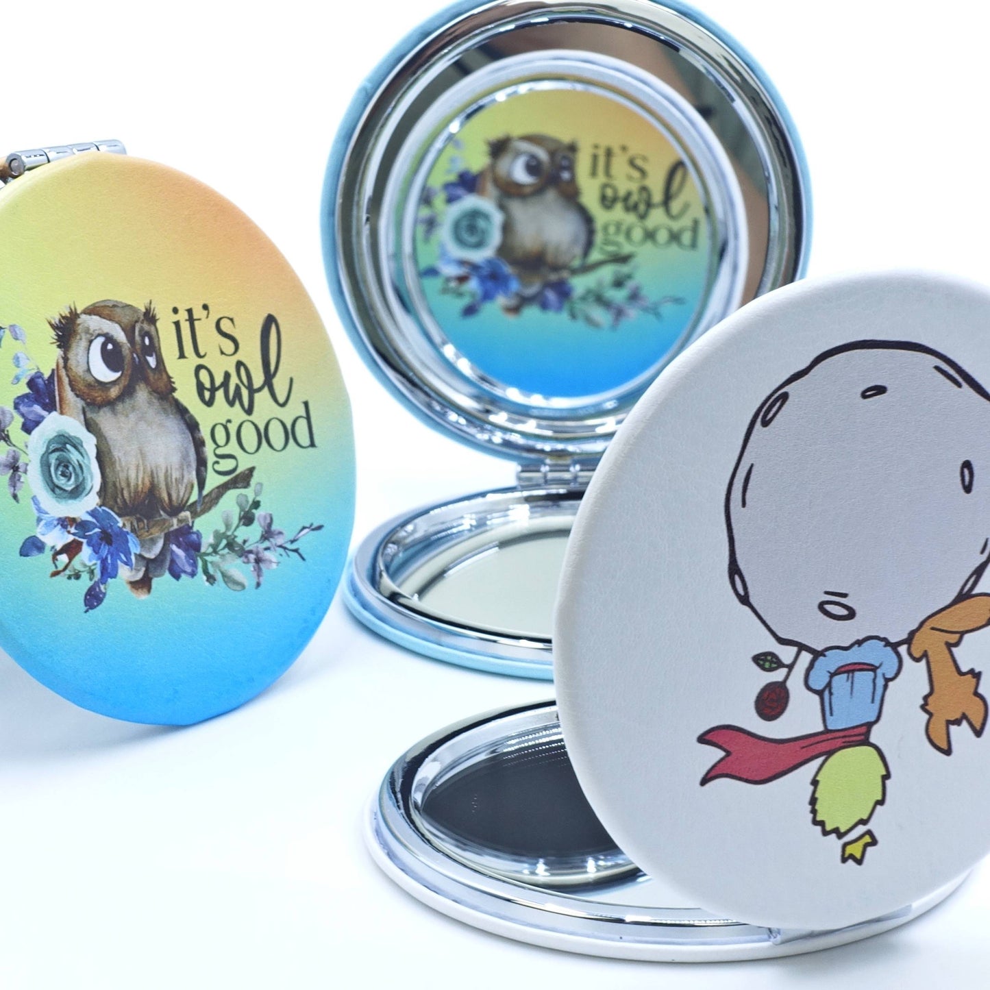 Round Compact Metal Mirror Little Prince, Owl, Flamingo