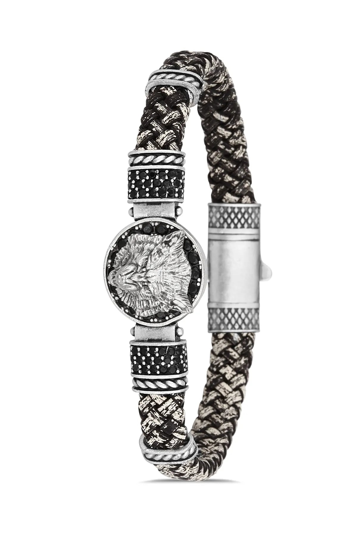 Stainless Steel Leather Bracelet Wolf Pattern