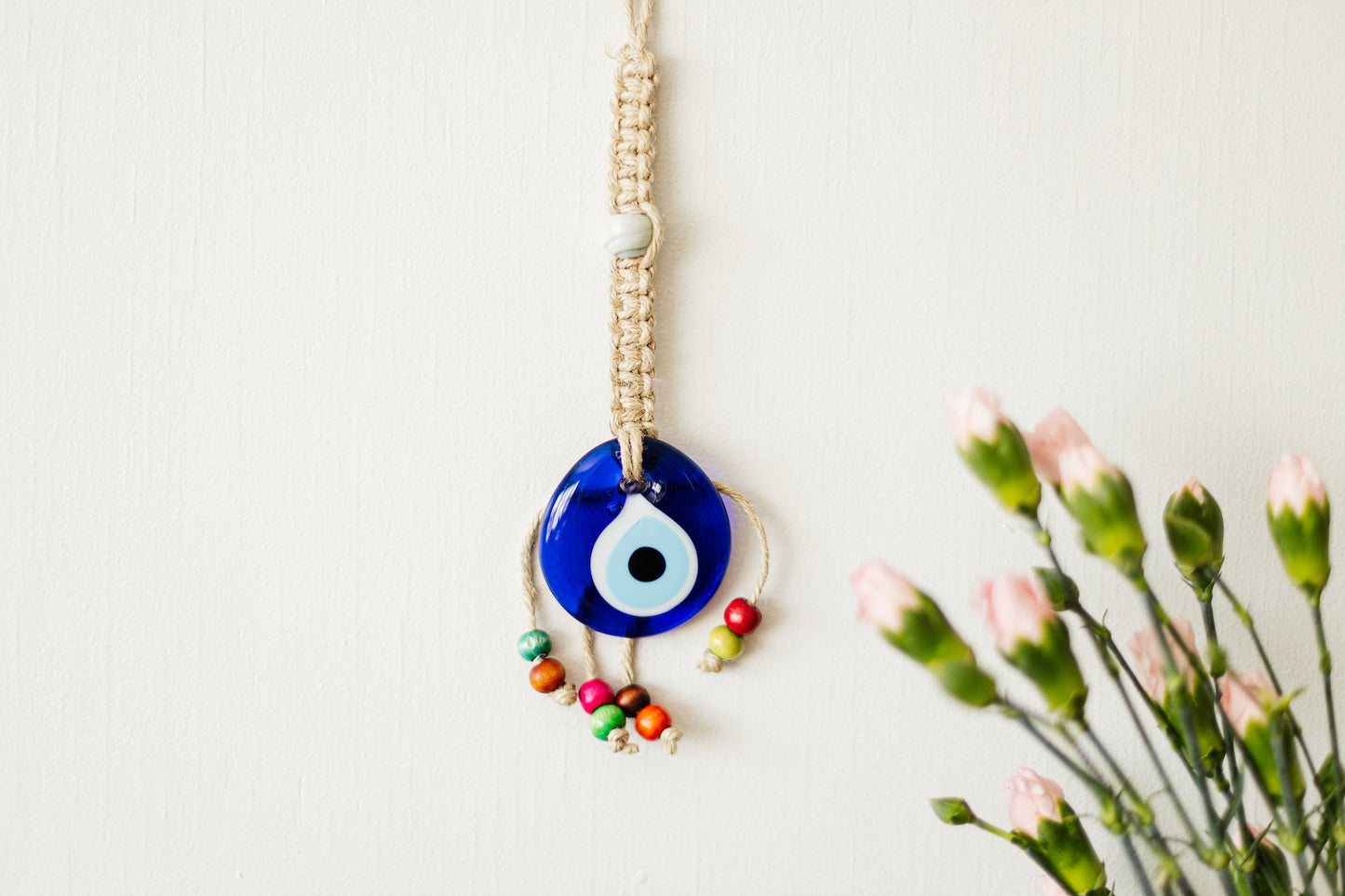 Flax Yarn Knitted 2" inches Evil Eye Glass Wall Hanging Decoration