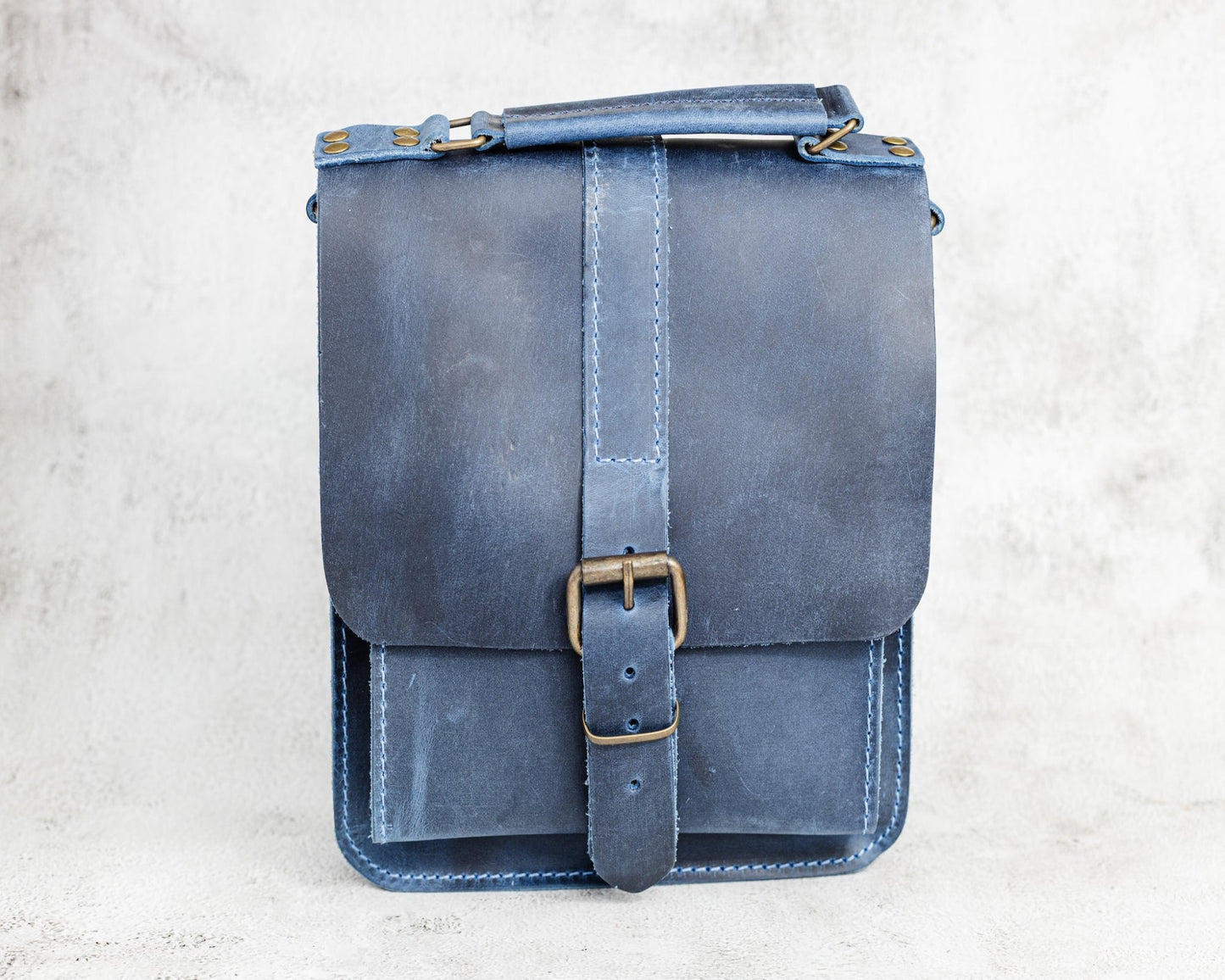 Belt Strap Crazy Horse Square Messenger Bag Blue