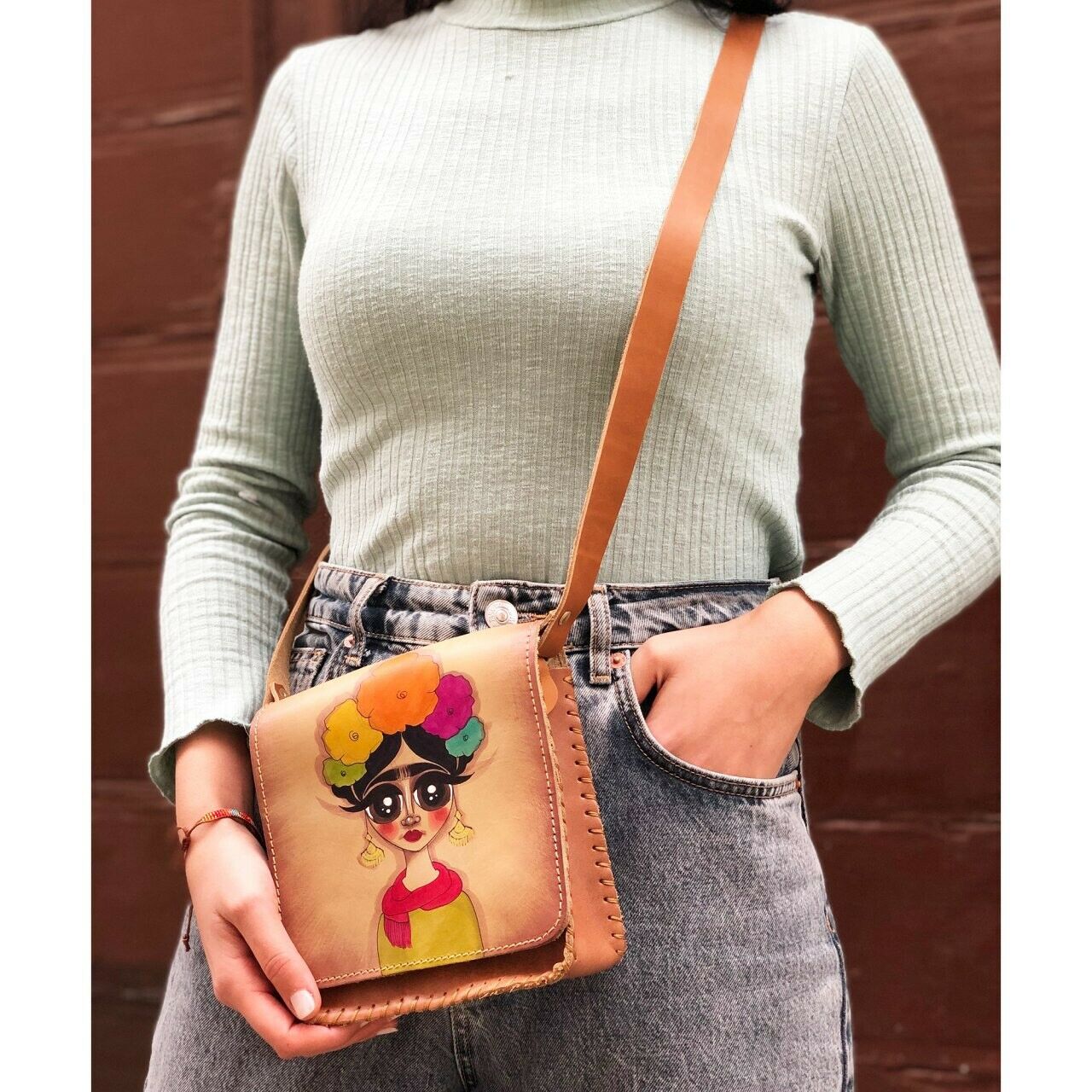 Hand-Painted Frida Leather Crossbody Hardcase