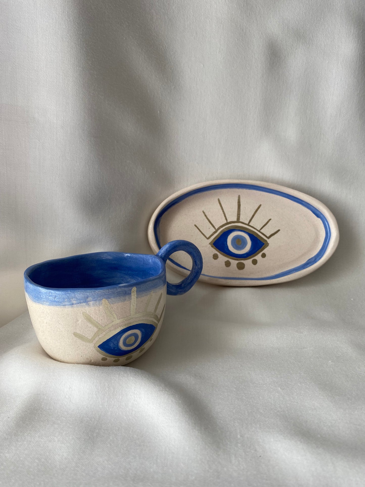 Handmade Pottery Tea coffee Mug Cup Sets Evil Eye