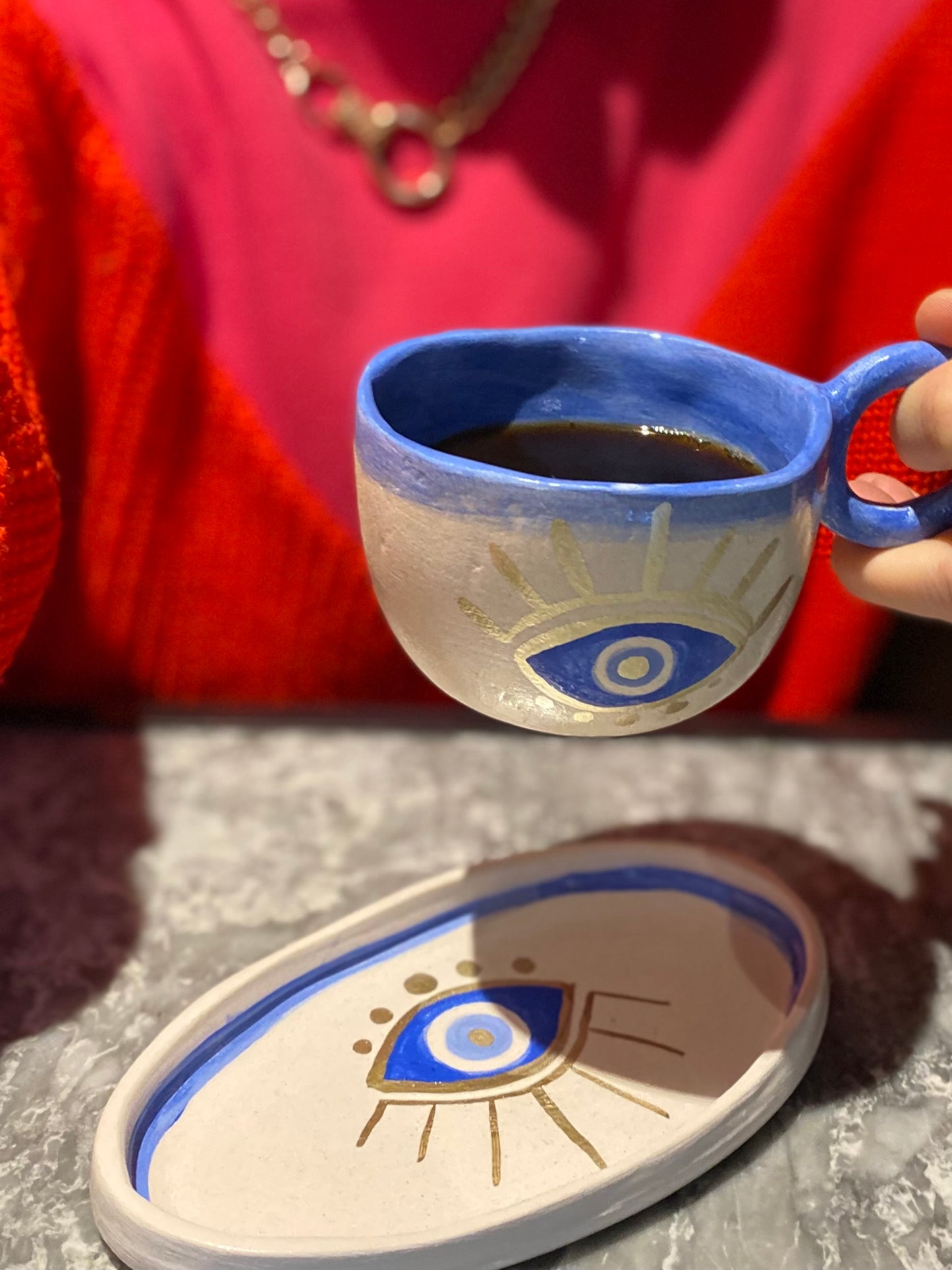 Handmade Pottery Tea coffee Mug Cup Sets Evil Eye