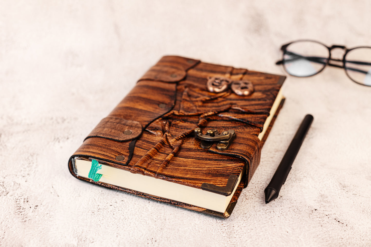 Handmade Leather Journal Belt Strap Drama Faces