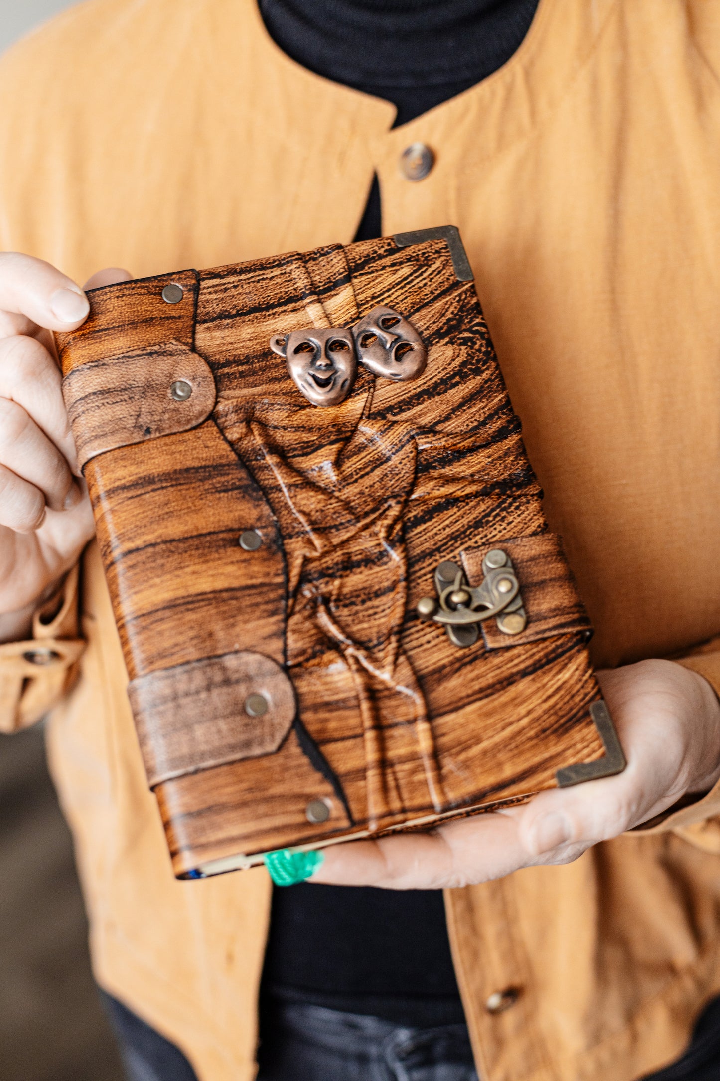Handmade Leather Journal Belt Strap Drama Faces