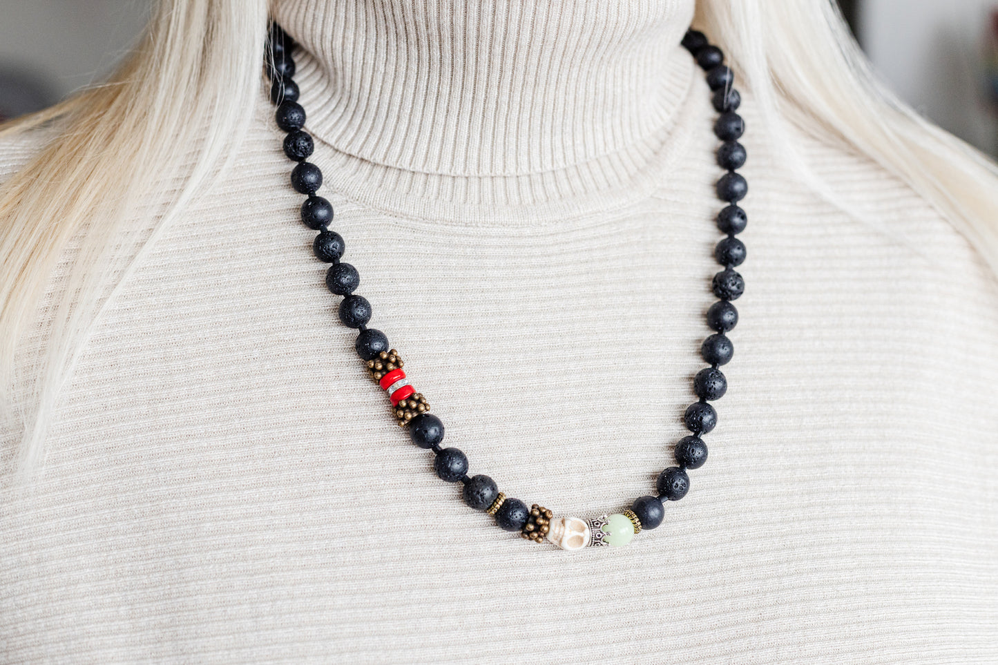 Handmade Lava Stone Beads 10mm Skull Unisex Necklace