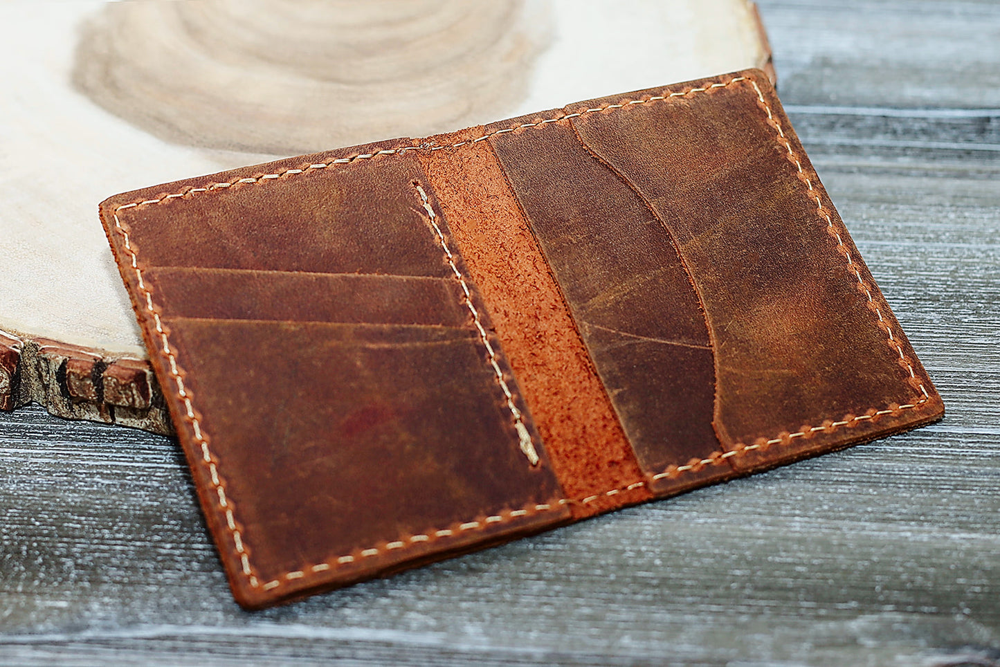 Hand made Leather Bifold Wallet Rustic Brown