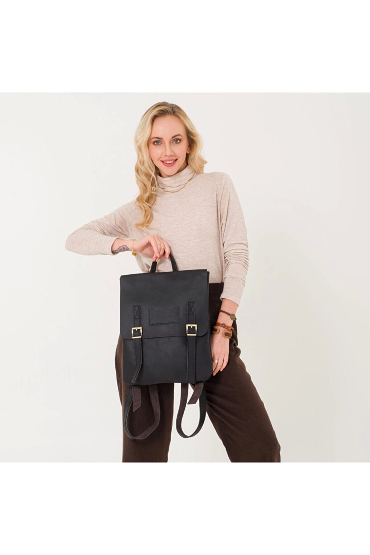Handmade Genuine Leather Laptop Unisex Backpack Black