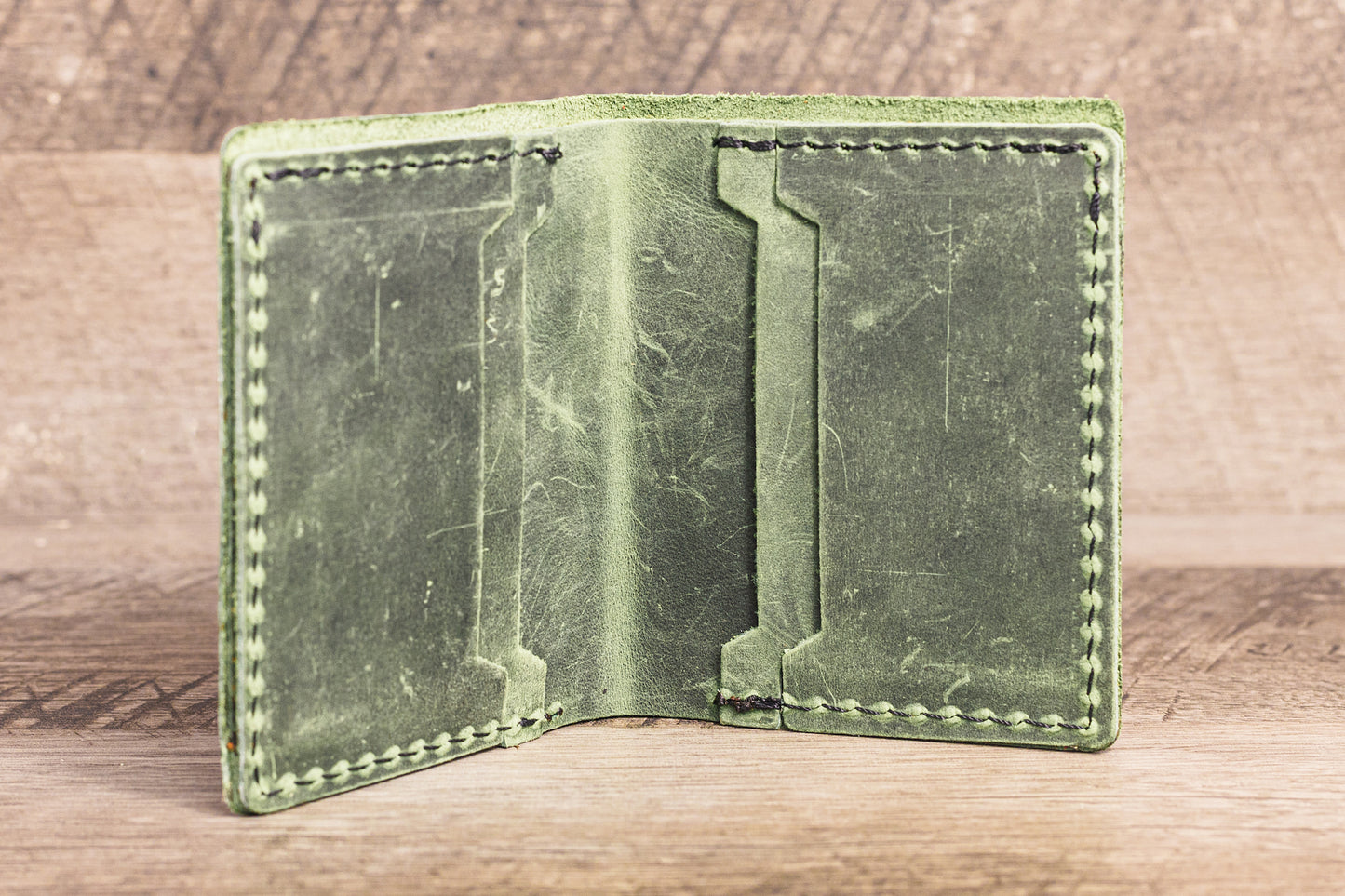 Hand made Leather Bifold Pocket Wallet Green