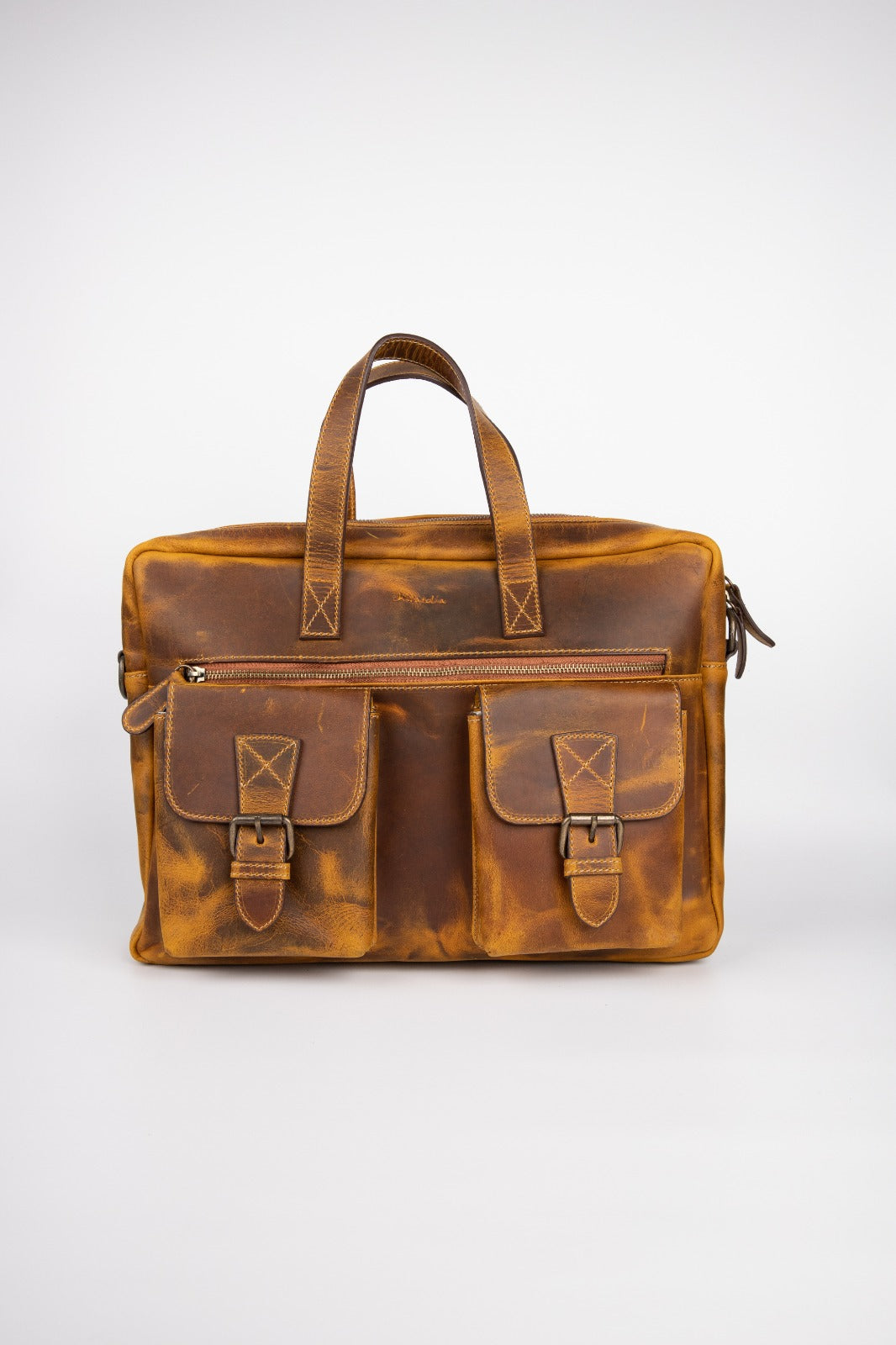 Two Pocket Belt Strap Briefcase- Rustic Brown
