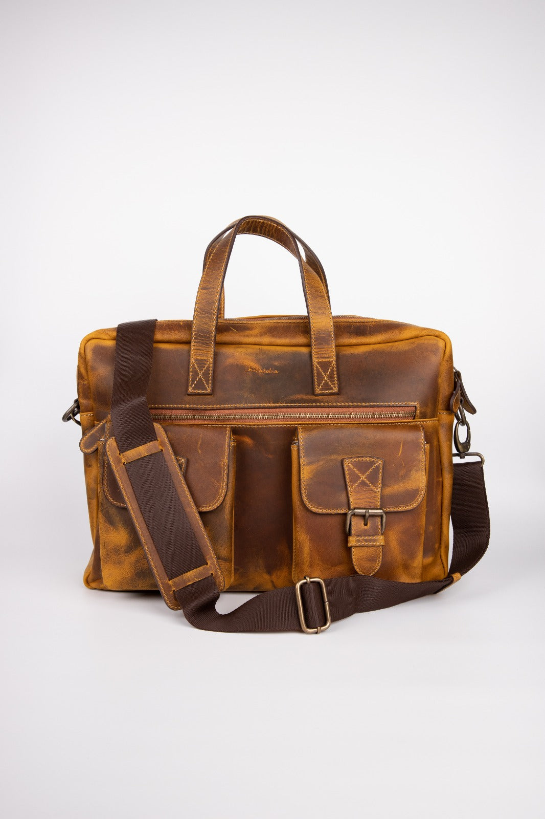 Two Pocket Belt Strap Briefcase- Rustic Brown