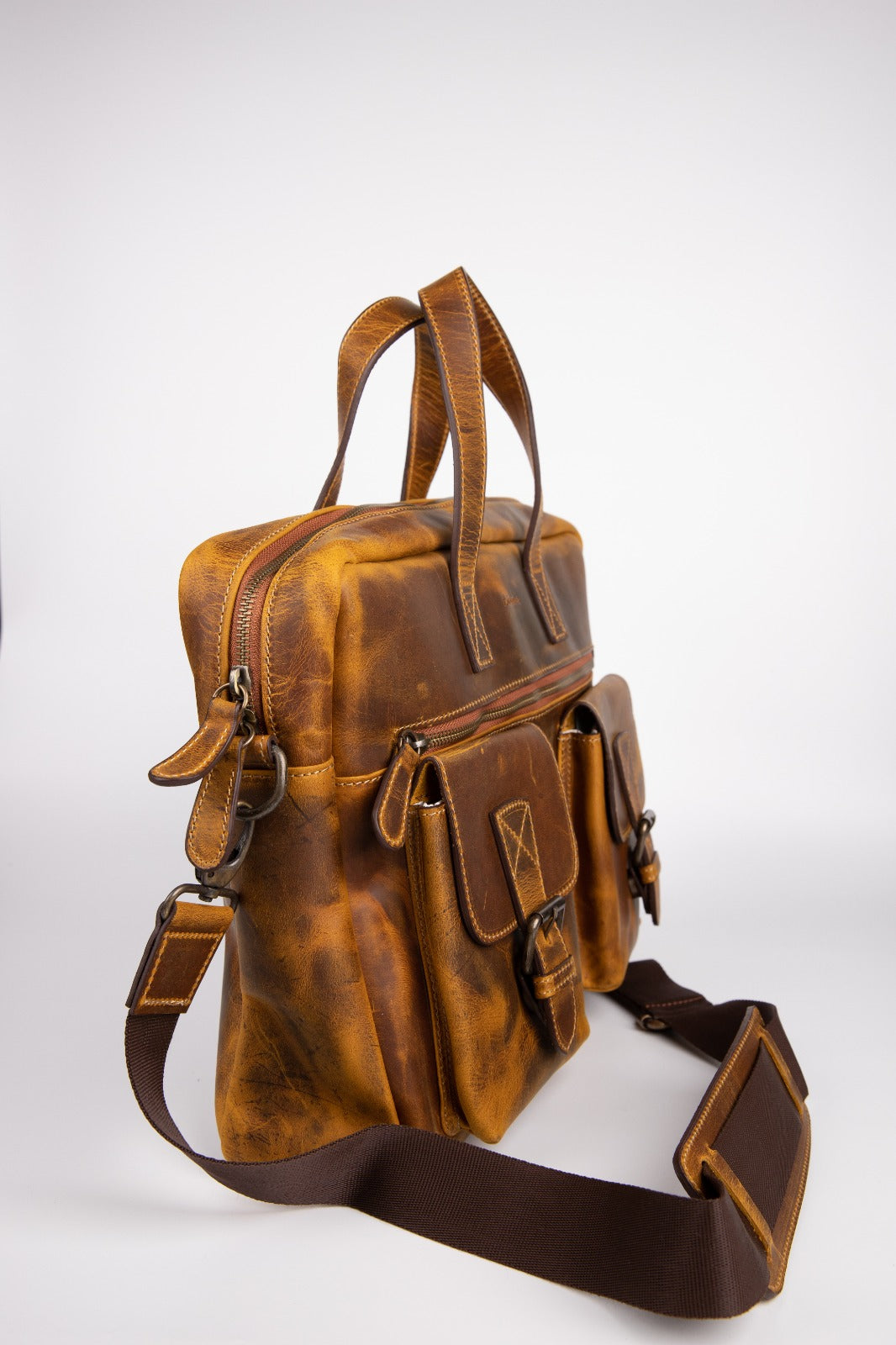 Two Pocket Belt Strap Briefcase- Rustic Brown