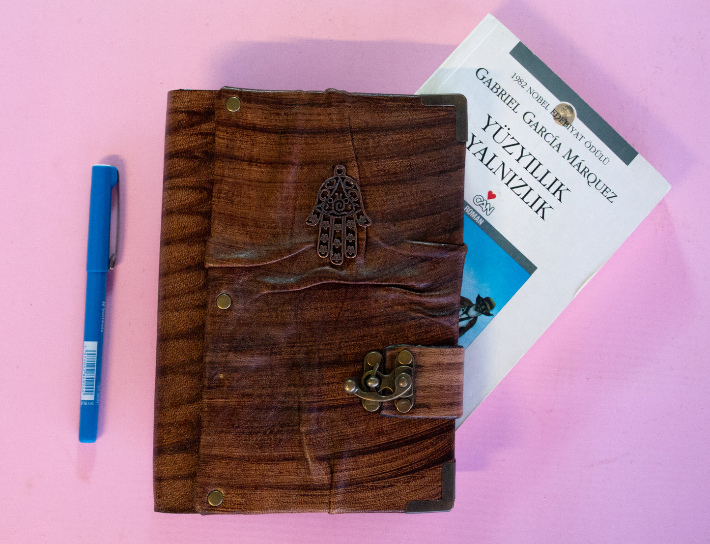 Handmade Leather Journal Belt Strap Hamsa