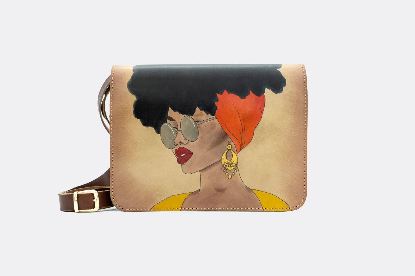 Hand-Painted Cool Afro Leather Crossbody Hardcase