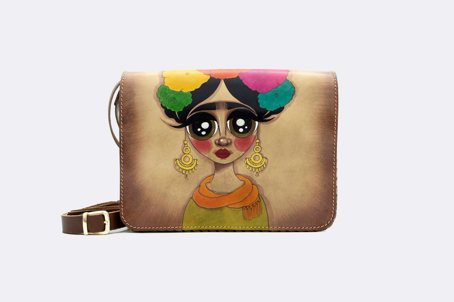 Hand-Painted Frida Leather Crossbody Hardcase