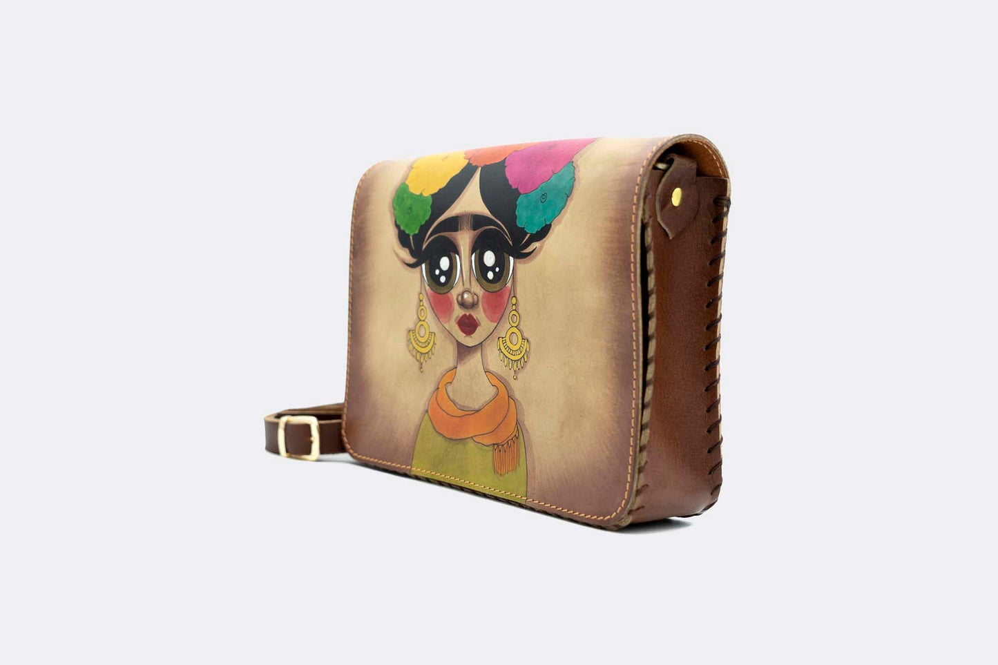 Hand-Painted Frida Leather Crossbody Hardcase