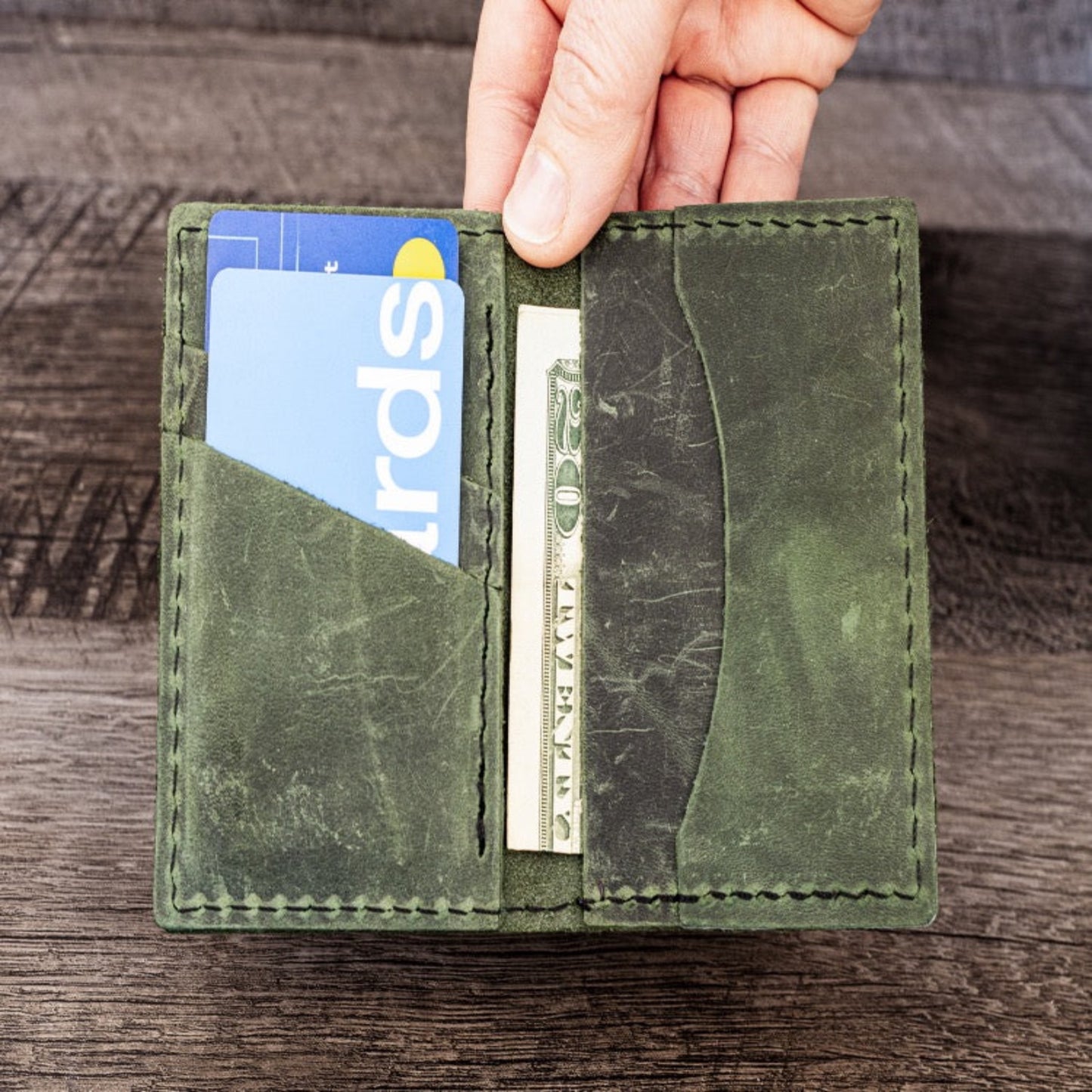 Hand made Leather Bifold Wallet Green