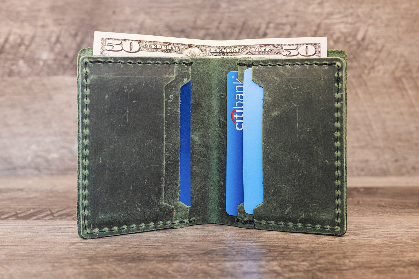 Hand made Leather Bifold Pocket Wallet Green