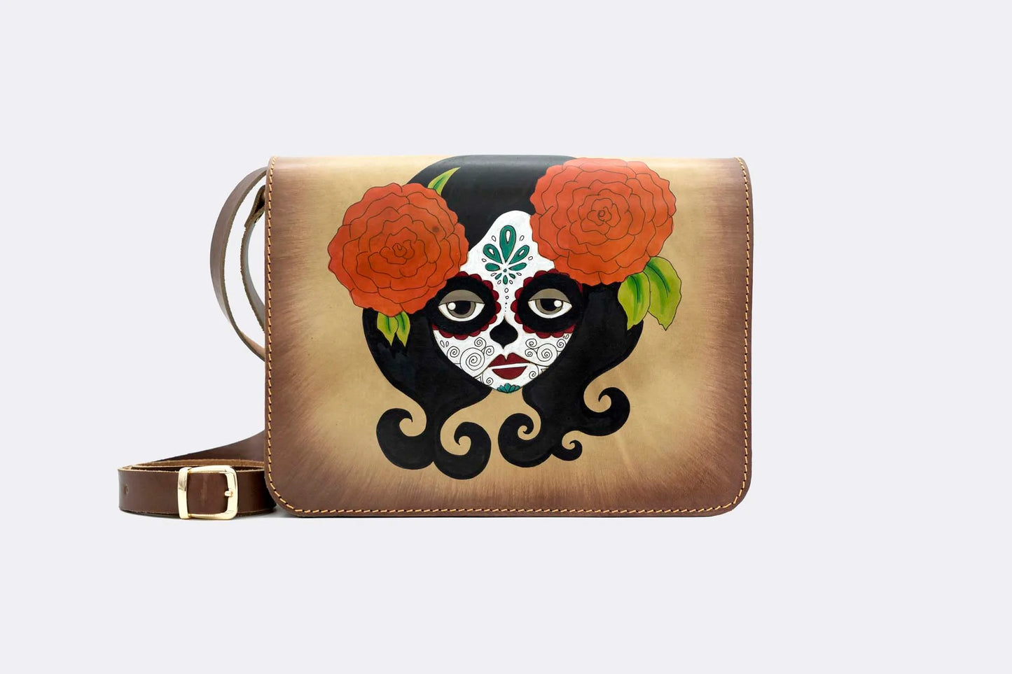 Hand-Painted Day of Death Leather Crossbody Hardcase