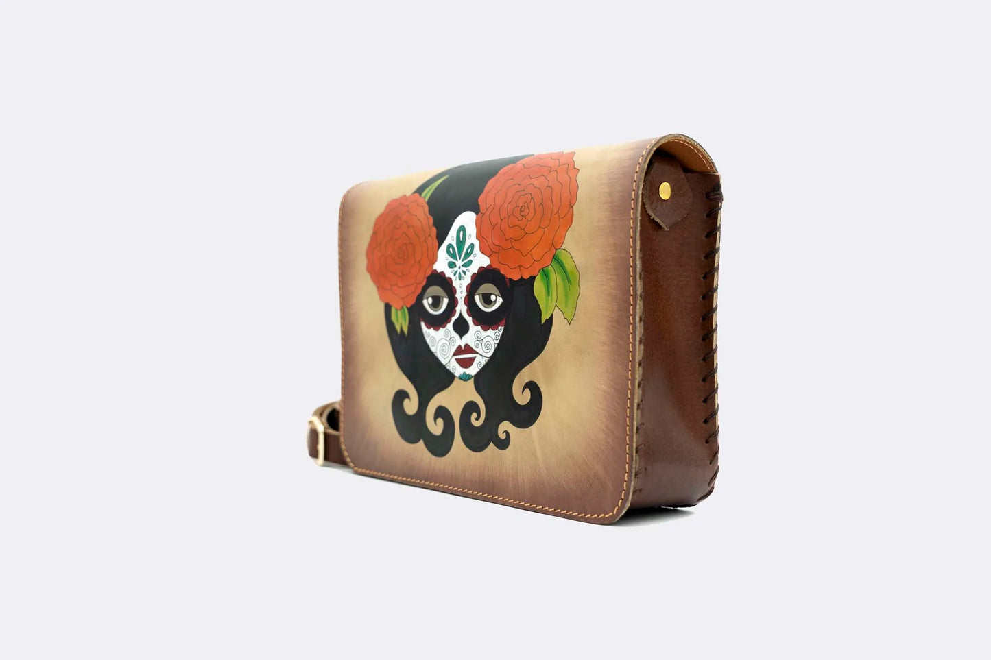 Hand-Painted Day of Death Leather Crossbody Hardcase